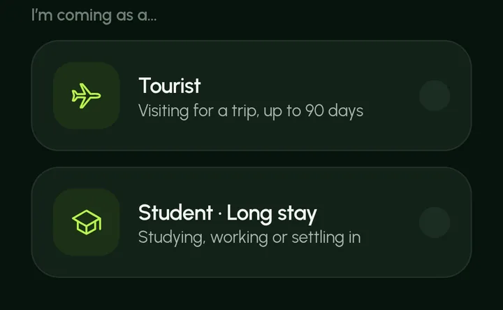 Choose tourist or student